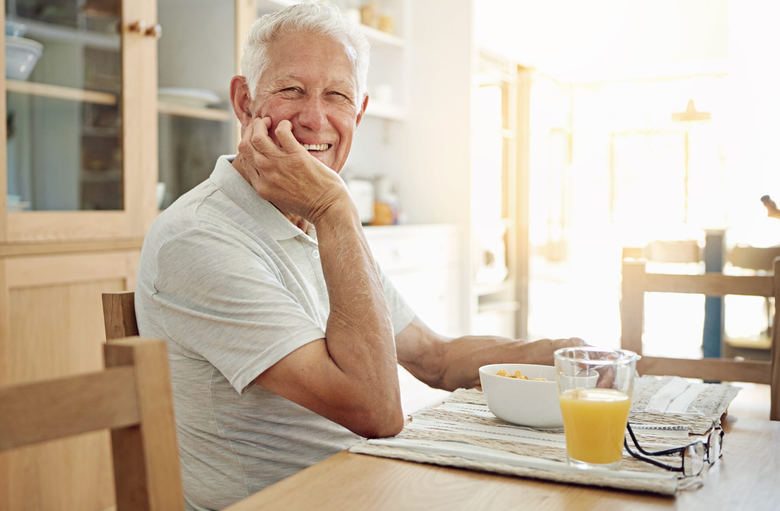 Senior,,Man,And,Happy,With,Portrait,At,Breakfast,In,Dining